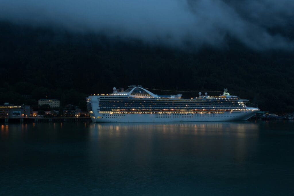 A cruise ship at port in the fog along Alaska's Inside Passage.