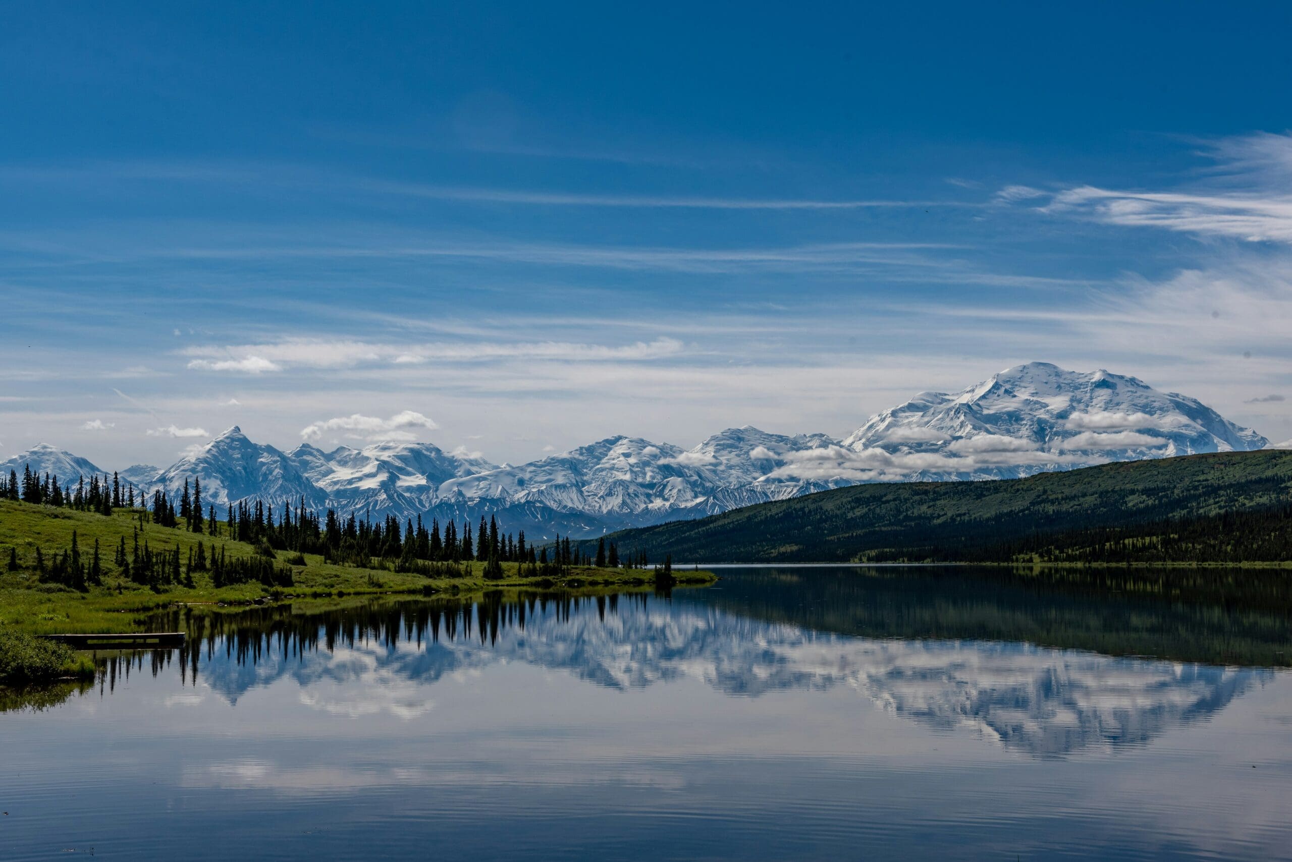Alaska's green valleys, blue lakes and snow-capped peaks of Denali National Park